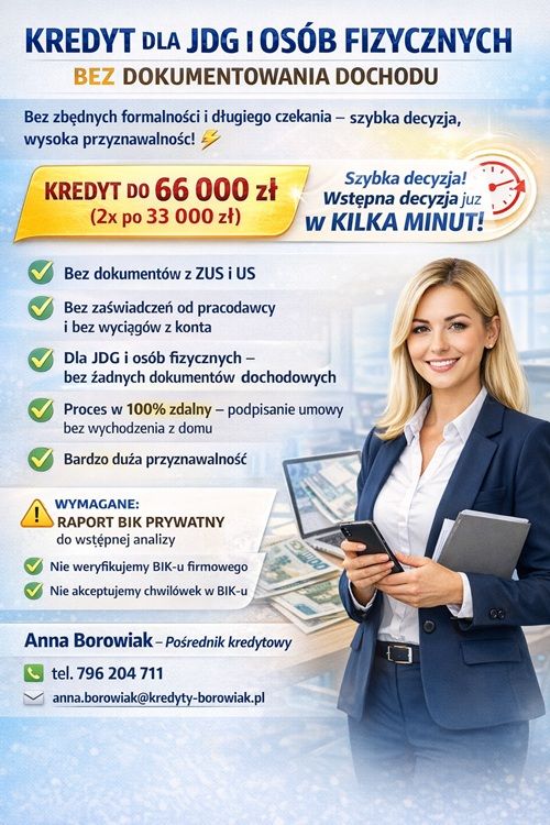 KREDYT DLA JDG I OSÓB FIZYCZNYCH BEZ DOKUMENTOWANIA DOCHODU! Katowice - Zdjęcie 1
