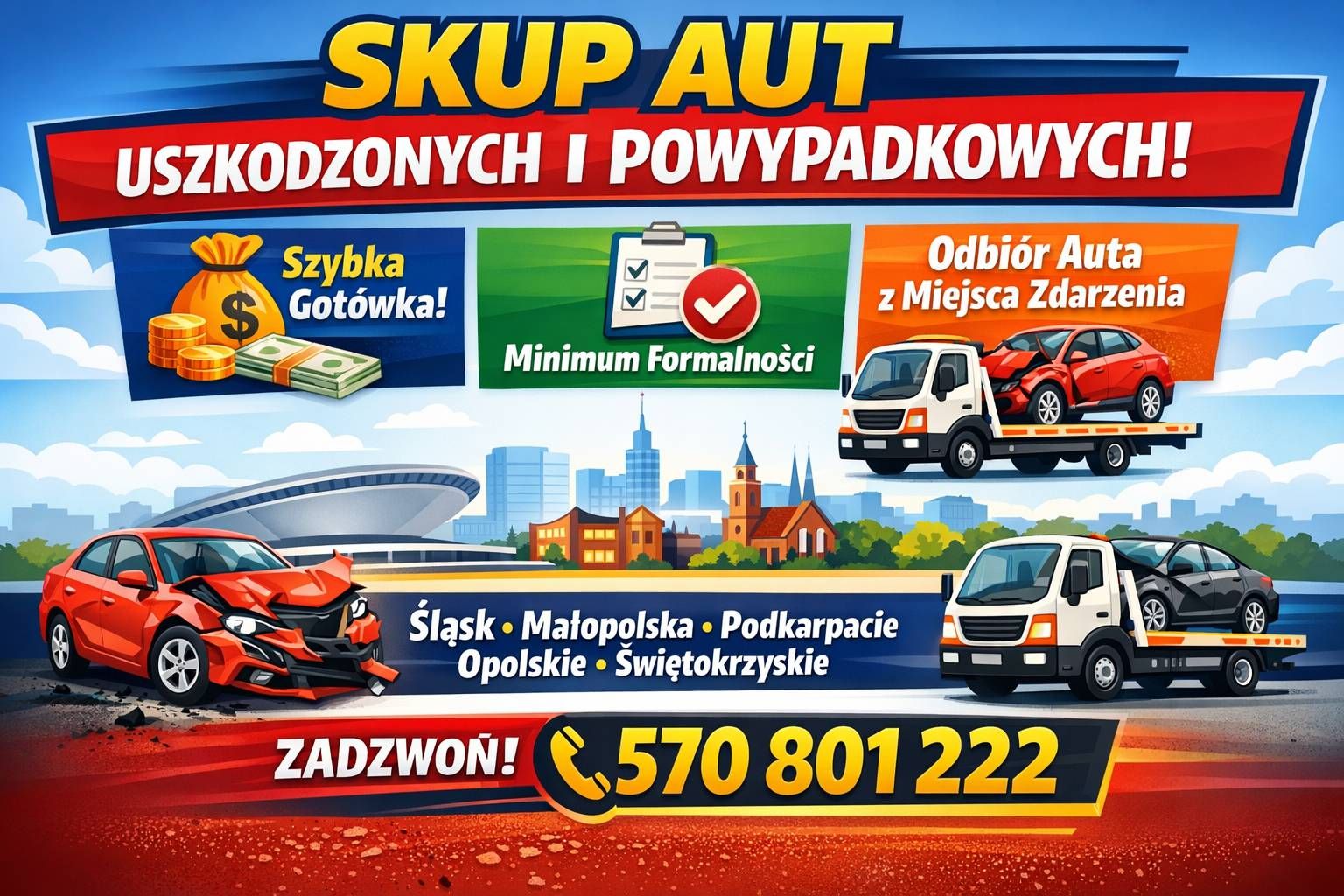 Skup samochodów powypadkowych, uszkodzonych | Obdiór lawetą cała Polska - Zdjęcie 1