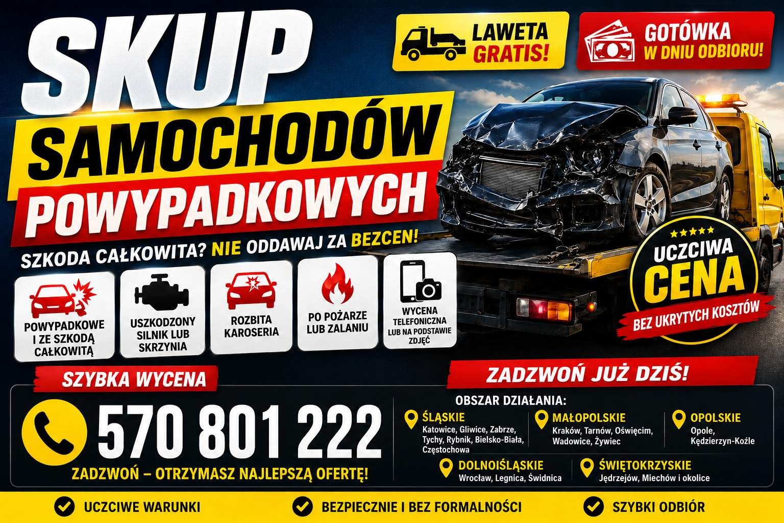 Skup samochodów powypadkowych | Skup aut uszkodzonych | Dojazd lawetą Polska południowa - Zdjęcie 1