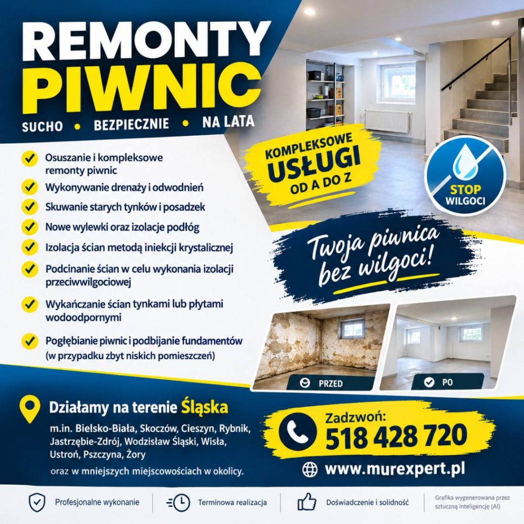 Osuszanie i remonty piwnic Śląsk - pogłębianie i podbijanie fundamentów Cieszyn - Zdjęcie 1